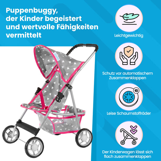 Kinderplay doll stroller with 22.05-inch handle height for easy pushing.