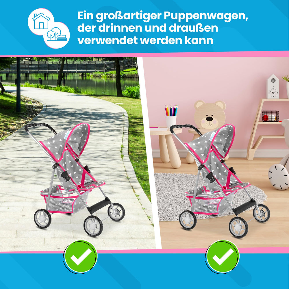 Kinderplay doll stroller footstool area provides extra space for items.