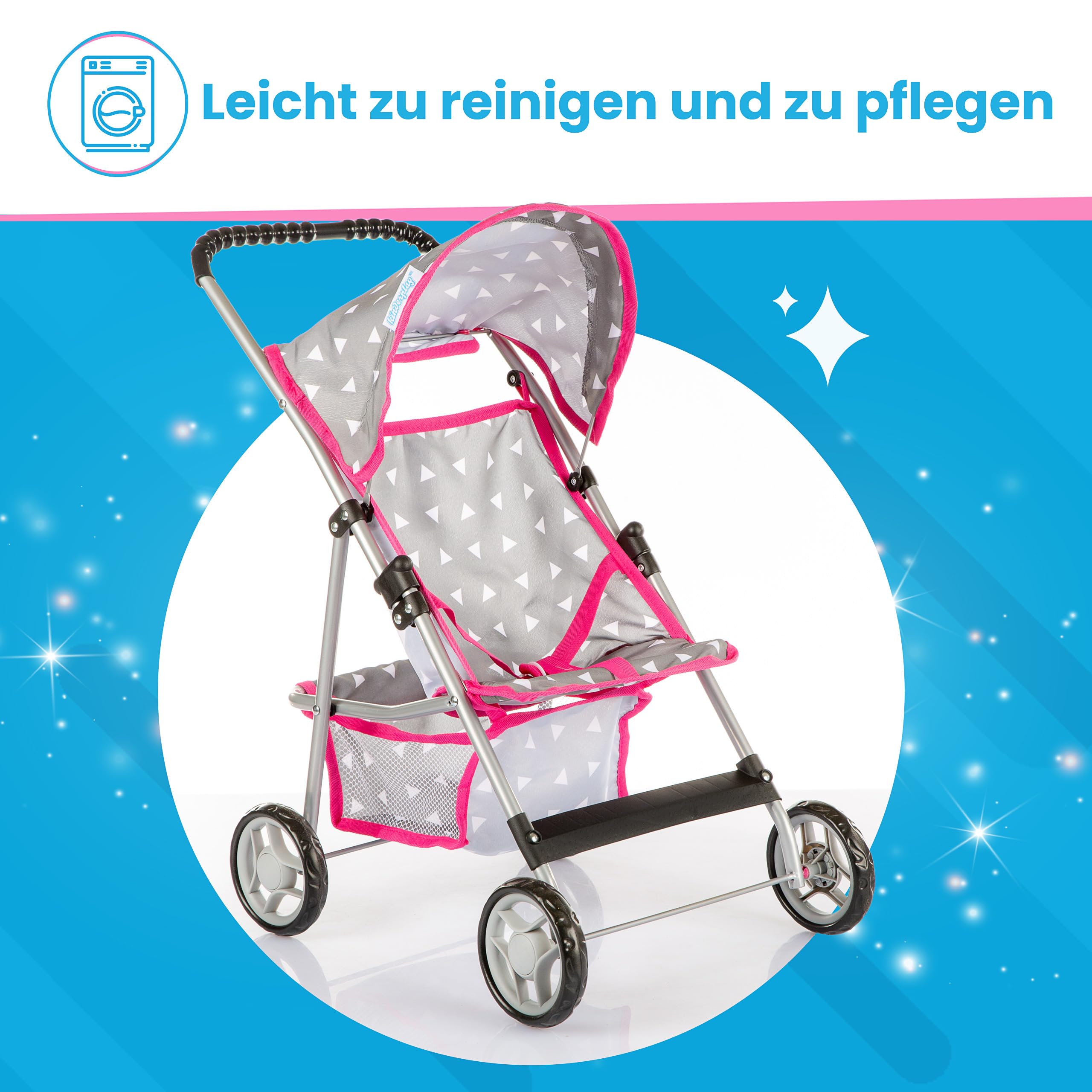 Kinderplay stroller lower storage net holds small accessories.