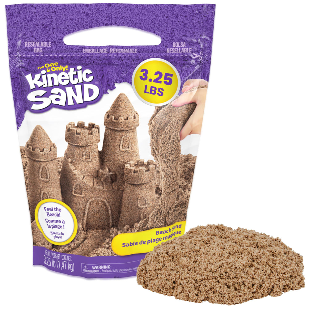 Kinetic Sand bag front view showing branding and 3.25 lb size benefit storage