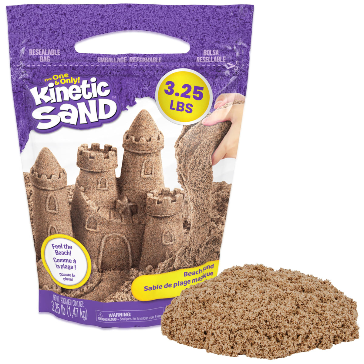 Kinetic Sand bag front view showing branding and 3.25 lb size benefit storage