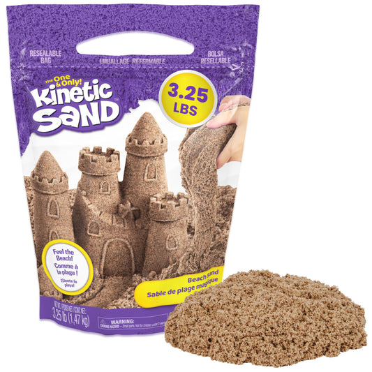 Kinetic Sand bag front view showing branding and 3.25 lb size benefit storage