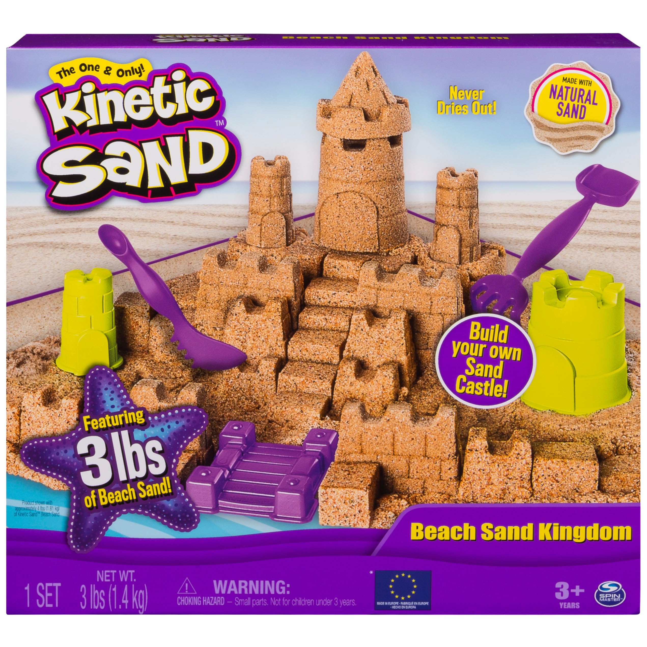 Kinetic Sand Beach Sand Kingdom box unfolds into a beach play space for mess-free creativity.