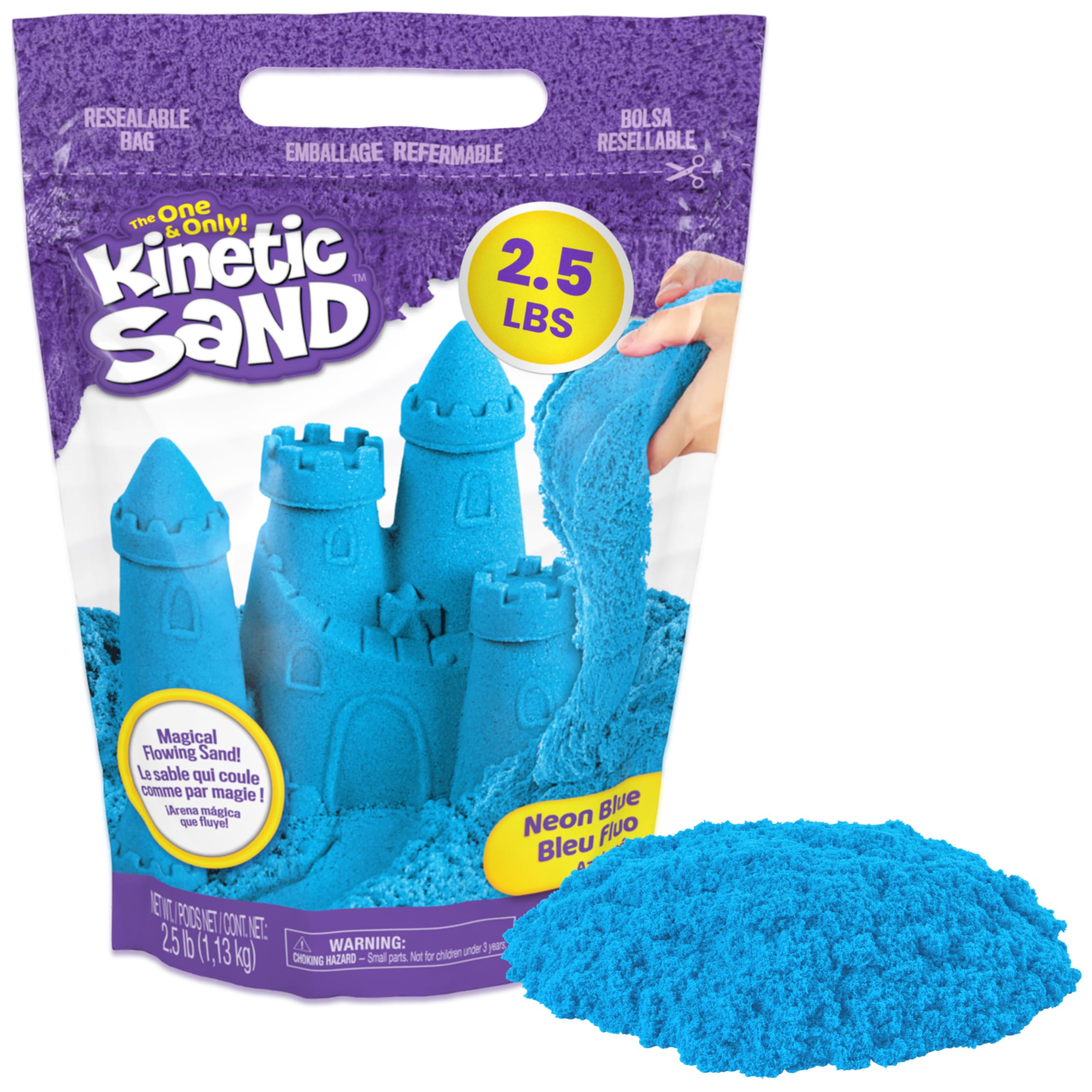 Kinetic Sand front packaging showing resealable bag and blue color benefit neat storage