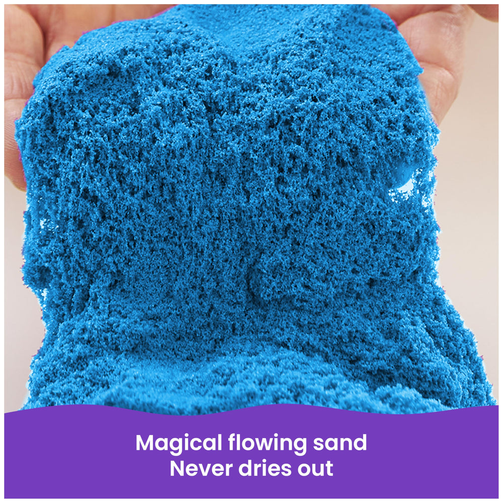 Kinetic Sand close-up texture view showing blue sand that sticks together for easy cleanup
