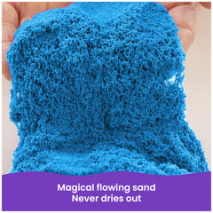 Kinetic Sand close-up texture view showing blue sand that sticks together for easy cleanup