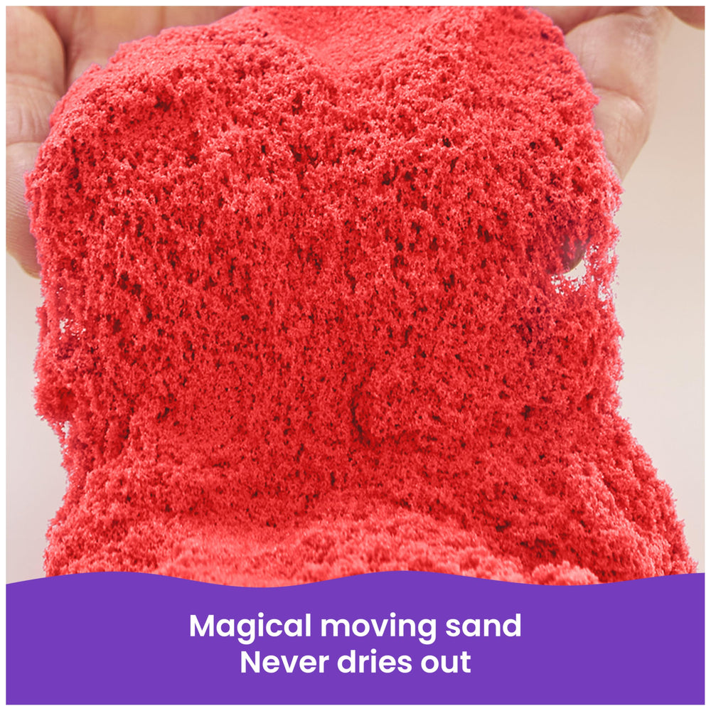 Kinetic Sand close-up of red yellow blue piles highlighting vibrant colors