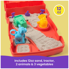 Kinetic Sand cow and chicken stamps creating animal footprints for play