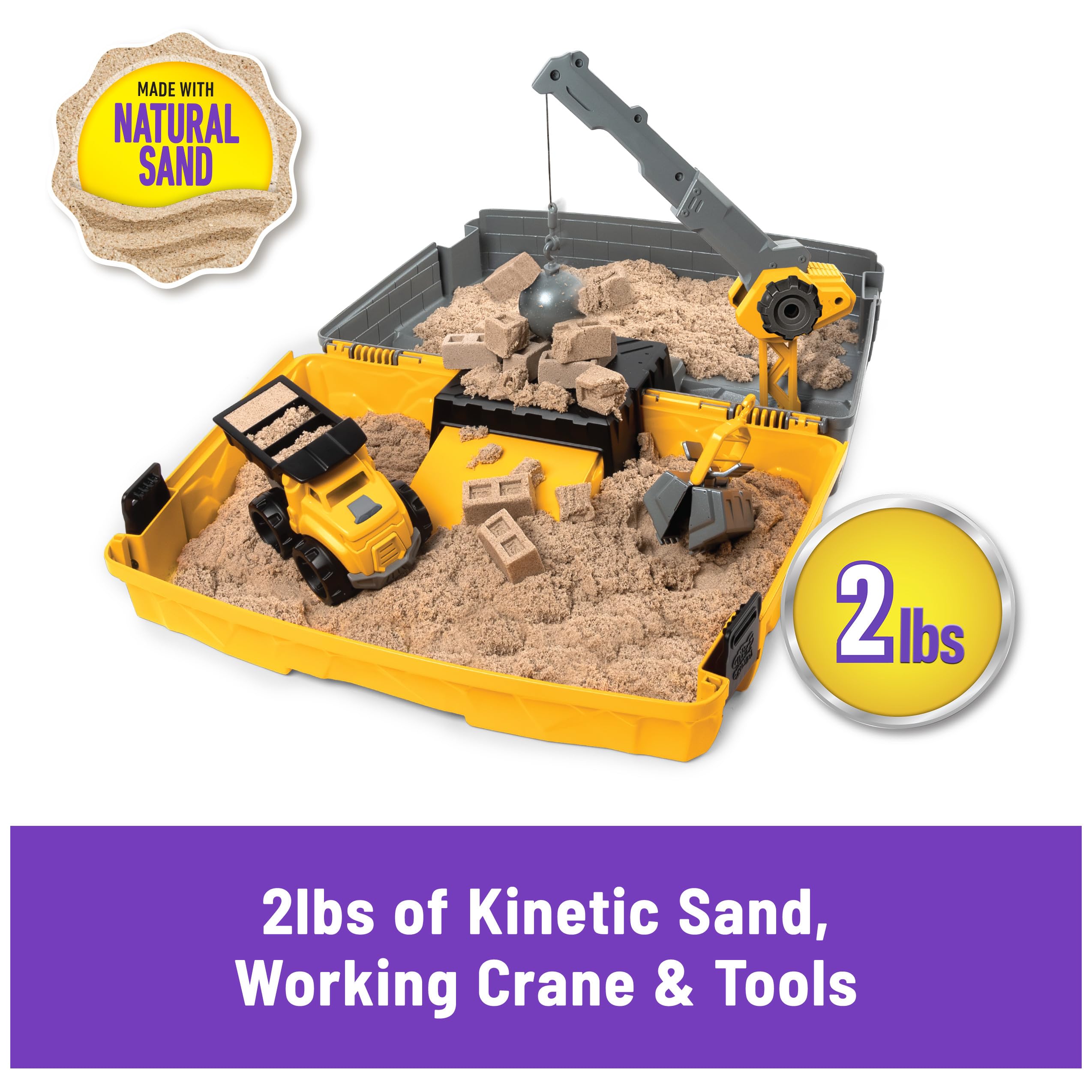 Kinetic Sand crane with wrecking ball and sand bucket demonstrates digging and demolition play.