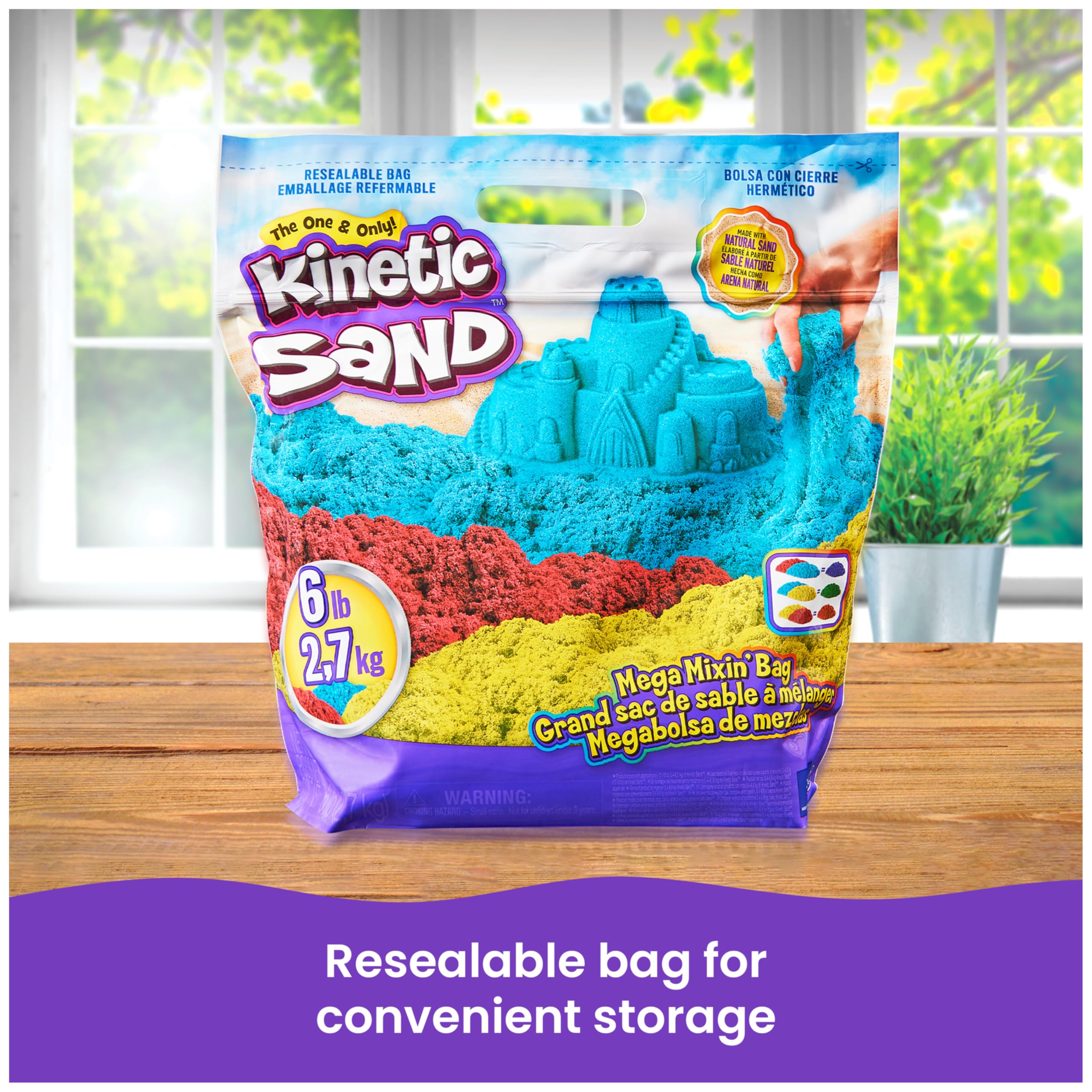 Kinetic Sand bag label close-up showing included 2lb red yellow blue details