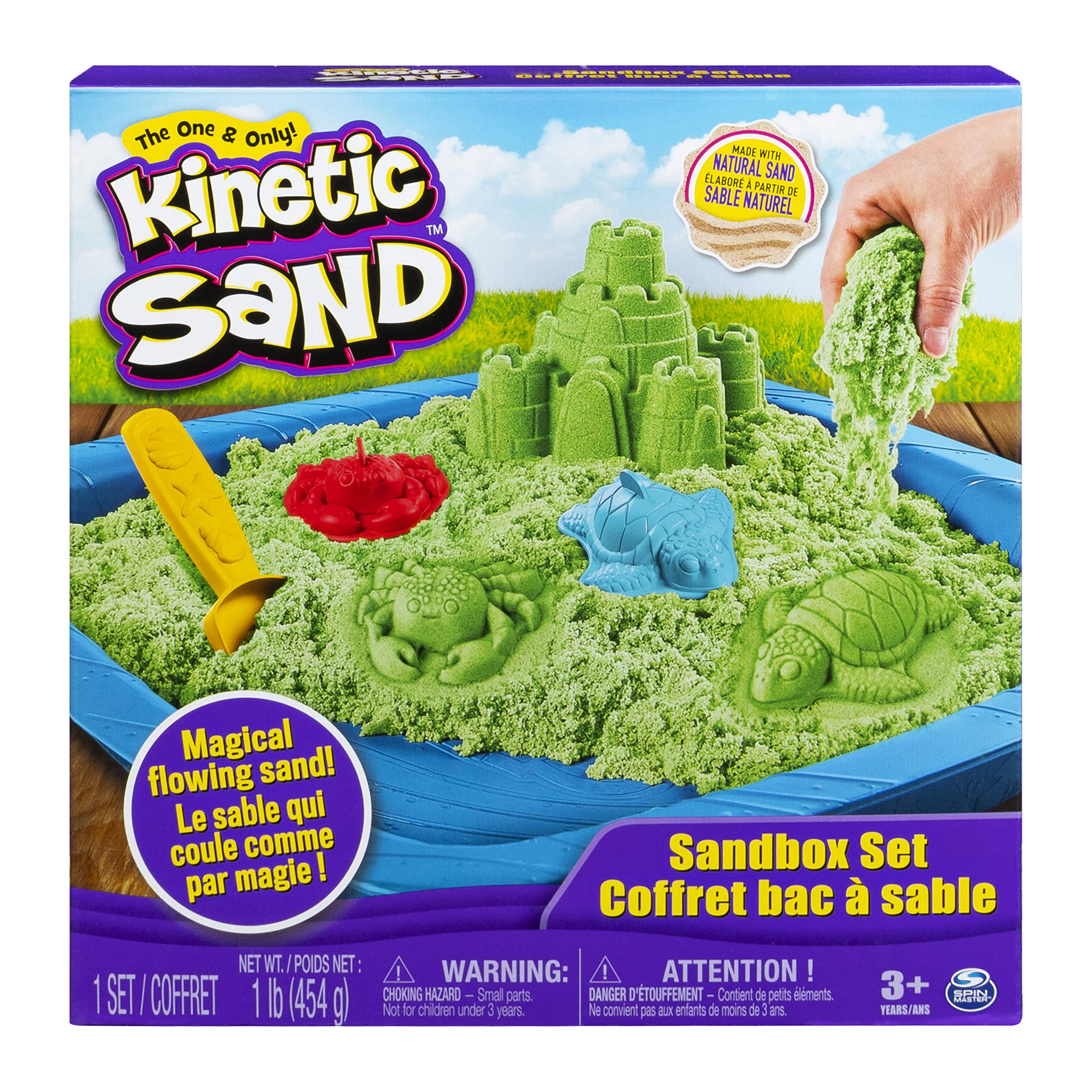 Kinetic Sand Sandbox Set with green sand and molds for creative play at home.