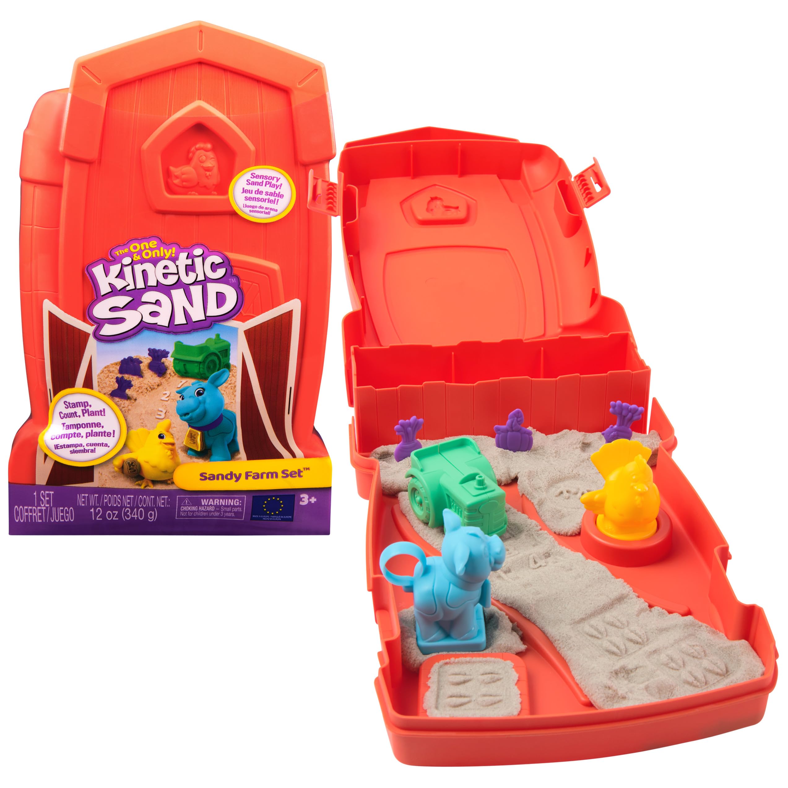 Kinetic Sand front packaging showing farm set contents and benefits