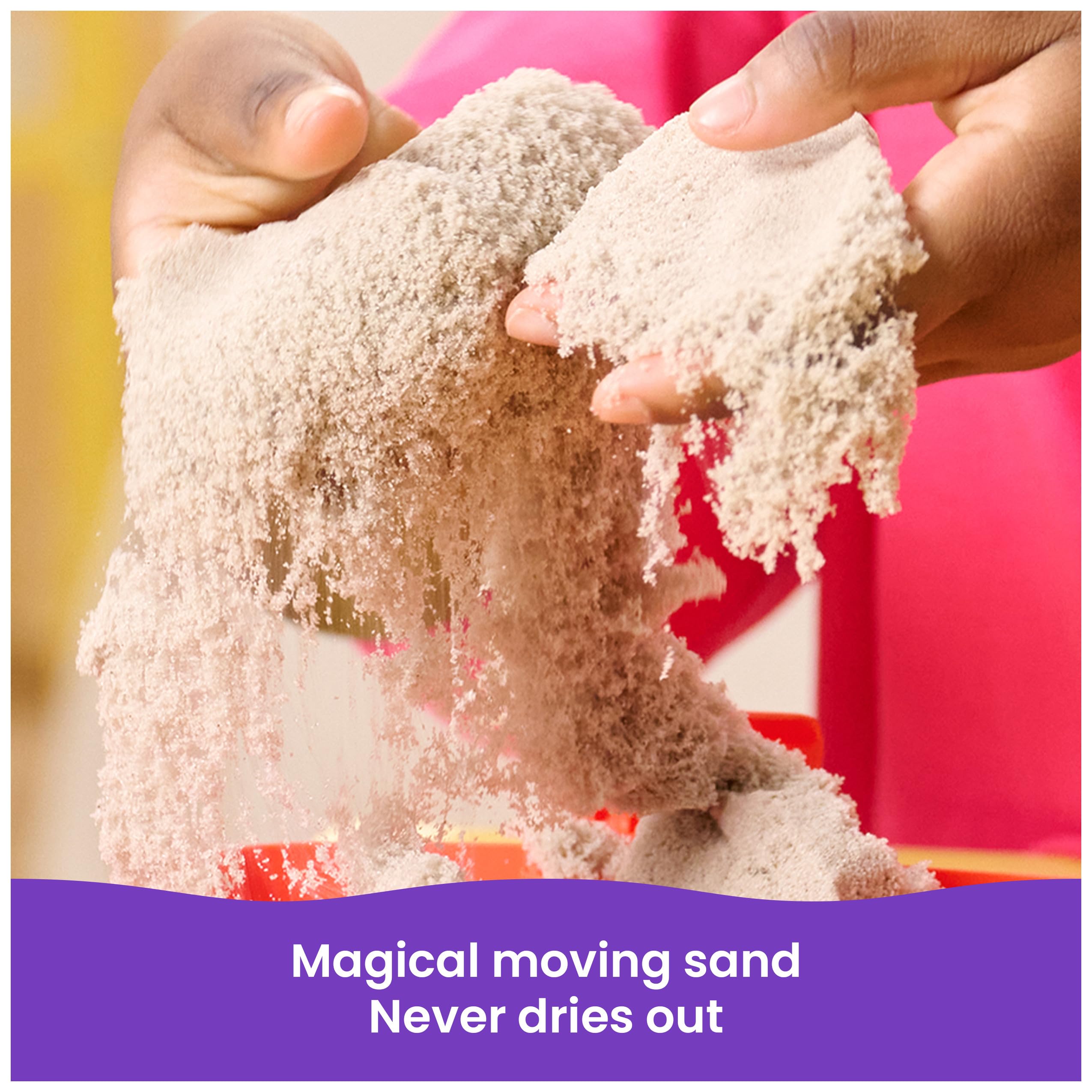 Kinetic Sand beside a child’s hand showing toy scale and suitability