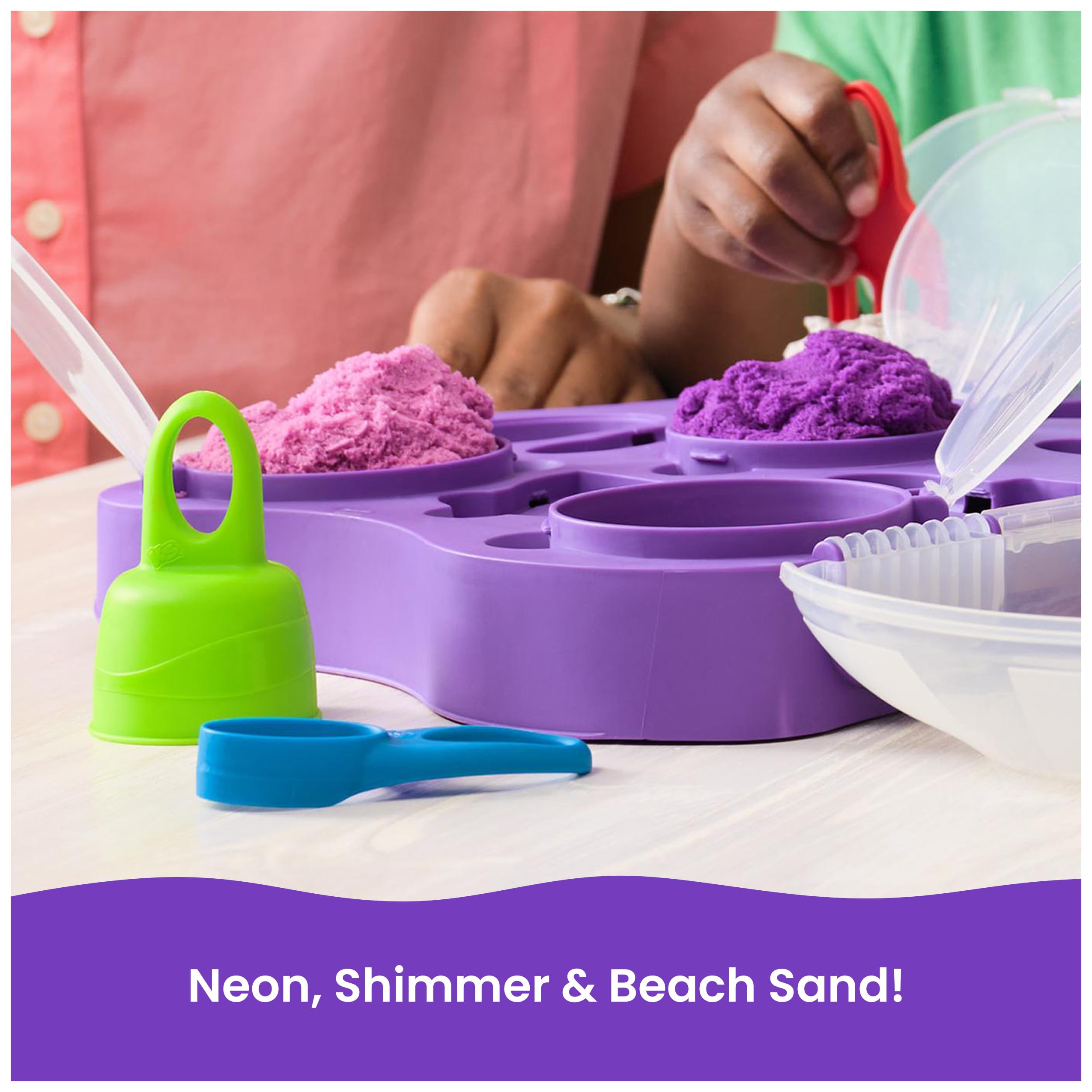 Kinetic Sand tools set showcases five tools for precise cutting and shaping.