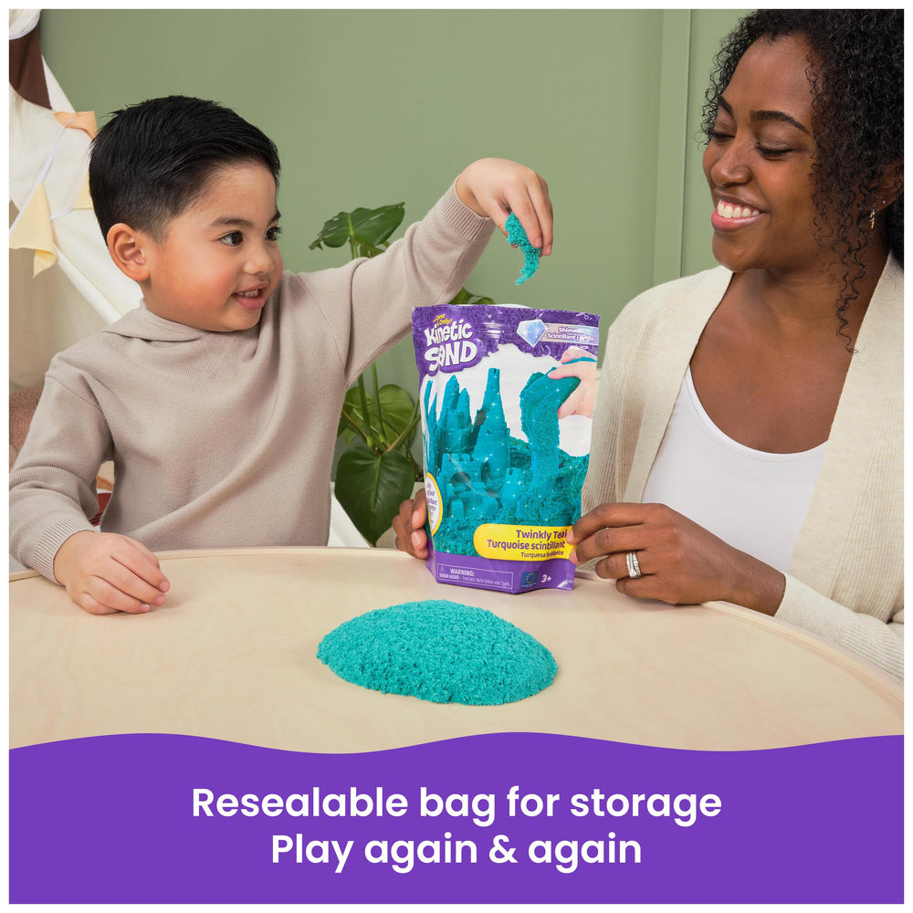 Iridescent resealable bag stores Kinetic Sand Twinkly Teal neatly and ready for reuse.