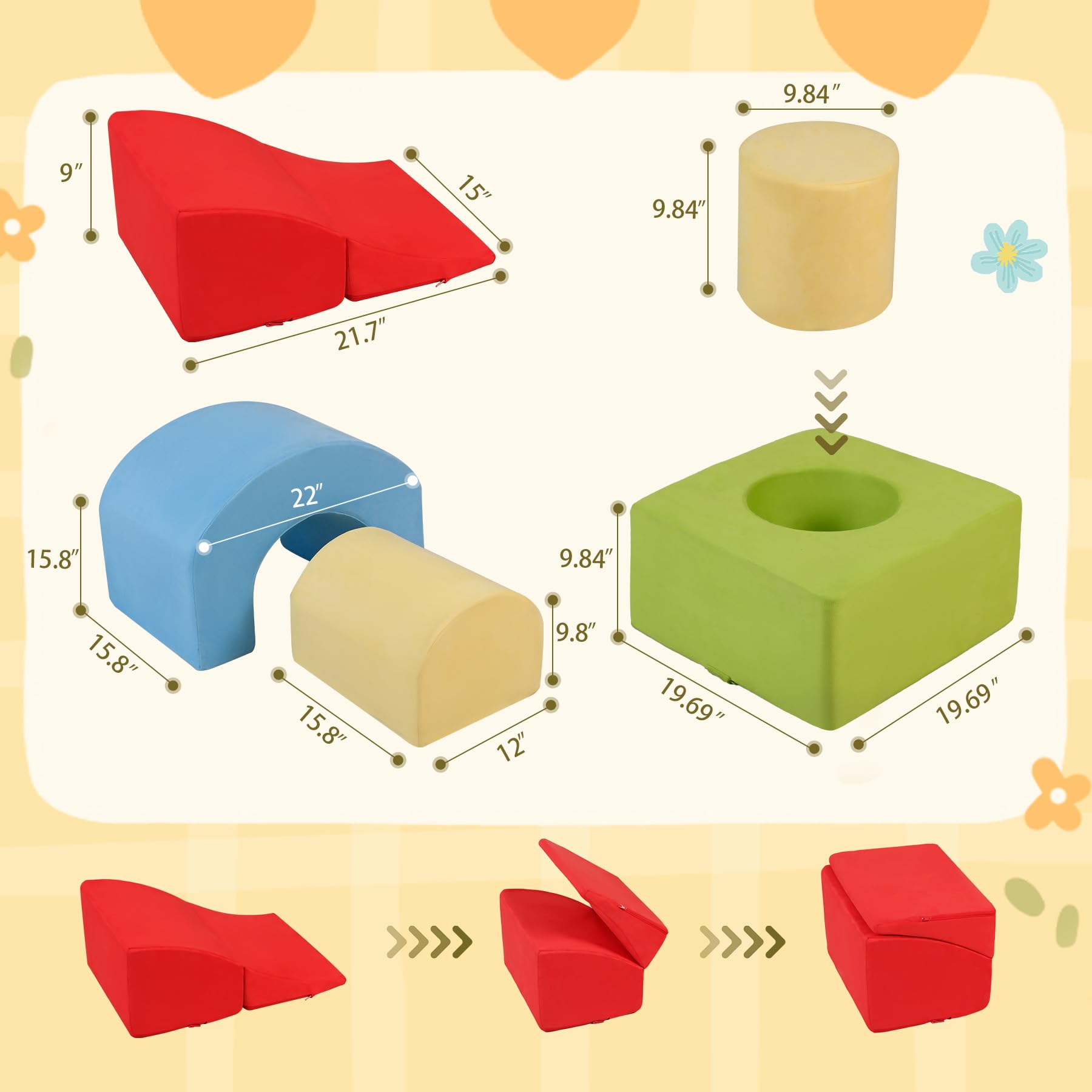 Kinevoli climbing toys foam block stack demonstrates compact space-saving setup for playtime