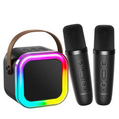 Kinglucky mini karaoke machine front view with two wireless mics for kid-friendly fun