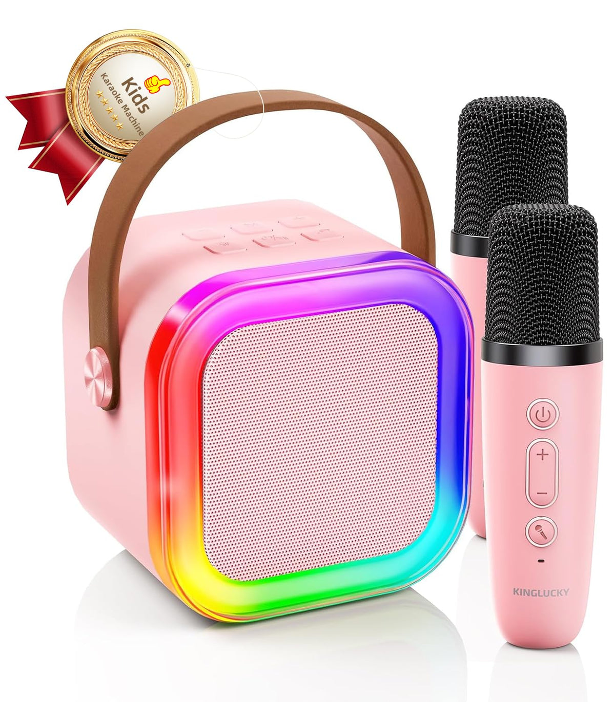 Kinglucky pink mini karaoke machine, front view, ideal for kids' home performances
