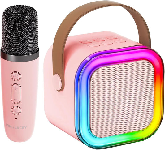 Kinglucky Mini Karaoke Machine pink front view for kids with wireless mics.