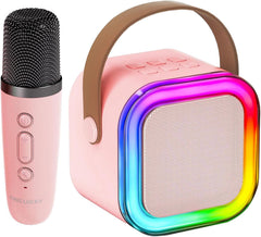 Kinglucky Mini Karaoke Machine pink front view for kids with wireless mics.