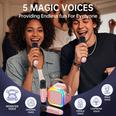 Kinglucky mini karaoke rose gold in-use scene with kids singing during family night.