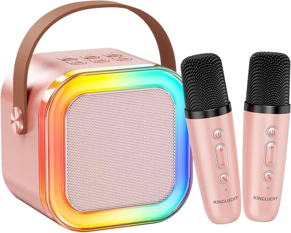 Kinglucky mini karaoke rose gold front view for kids' singing sessions.