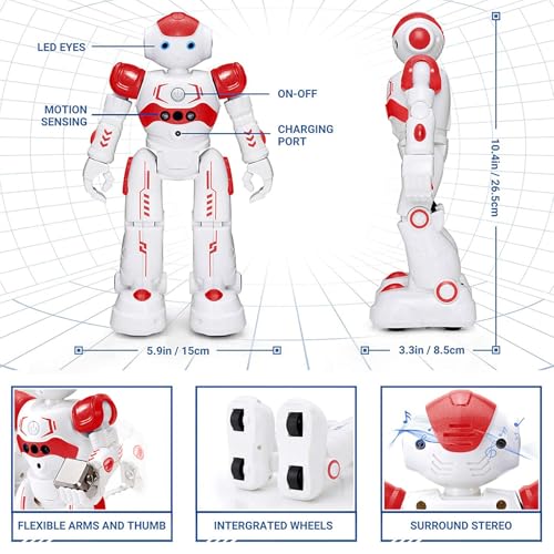 KingsDragon RC Robot with blue LED eyes guiding motion for entertainment.