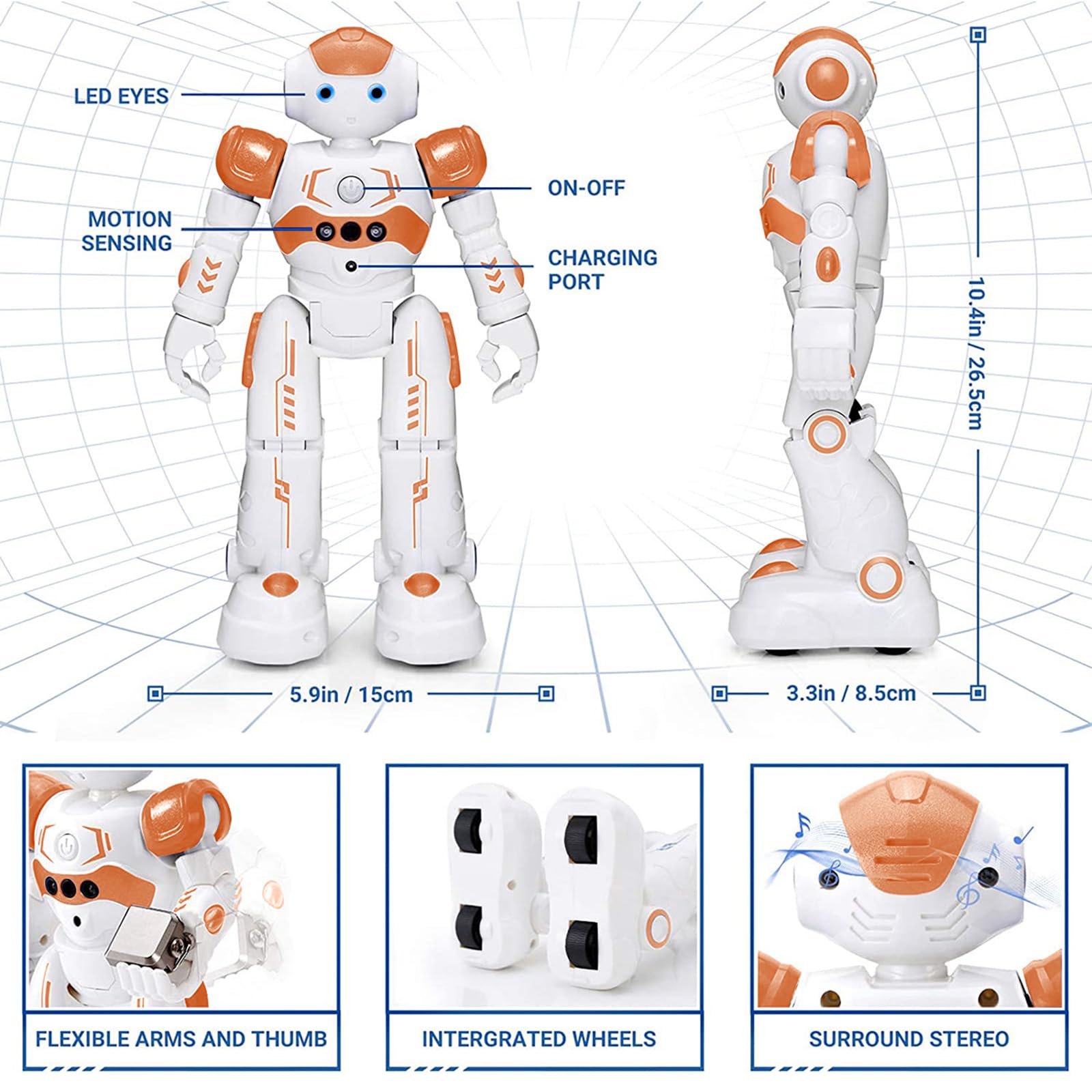 KingsDragon RC robot with blue eye light illuminates movement.