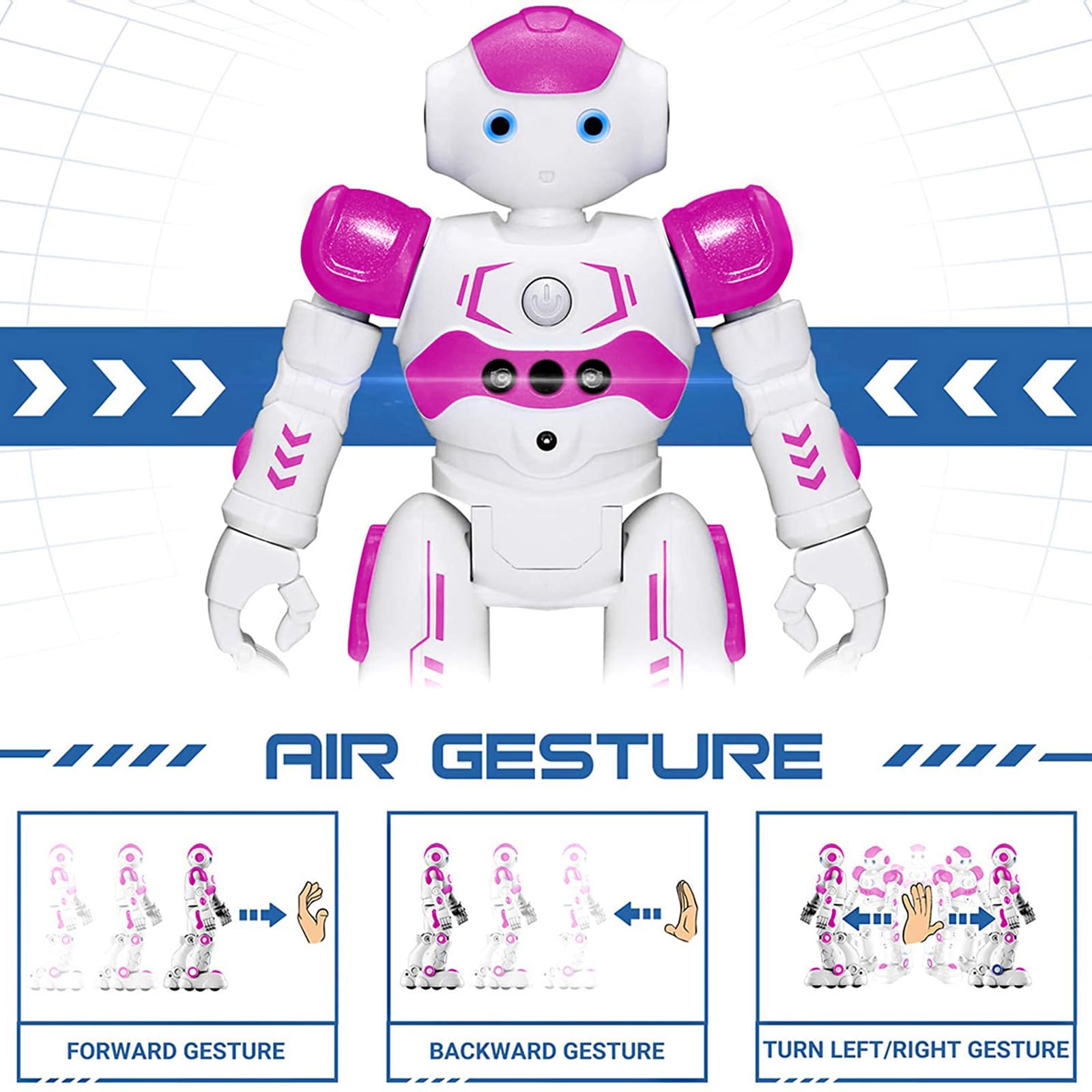 KingsDragon RC robot LED-eyes light up as it moves to engage kids.