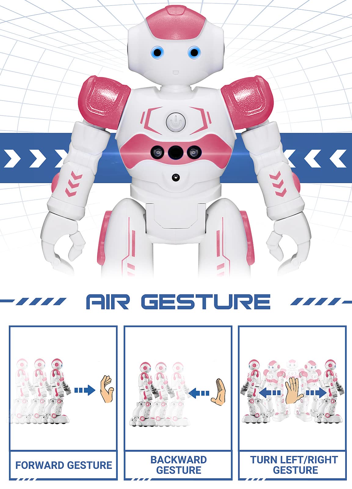 KingsDragon RC robot pink LED eyes light up during movement.