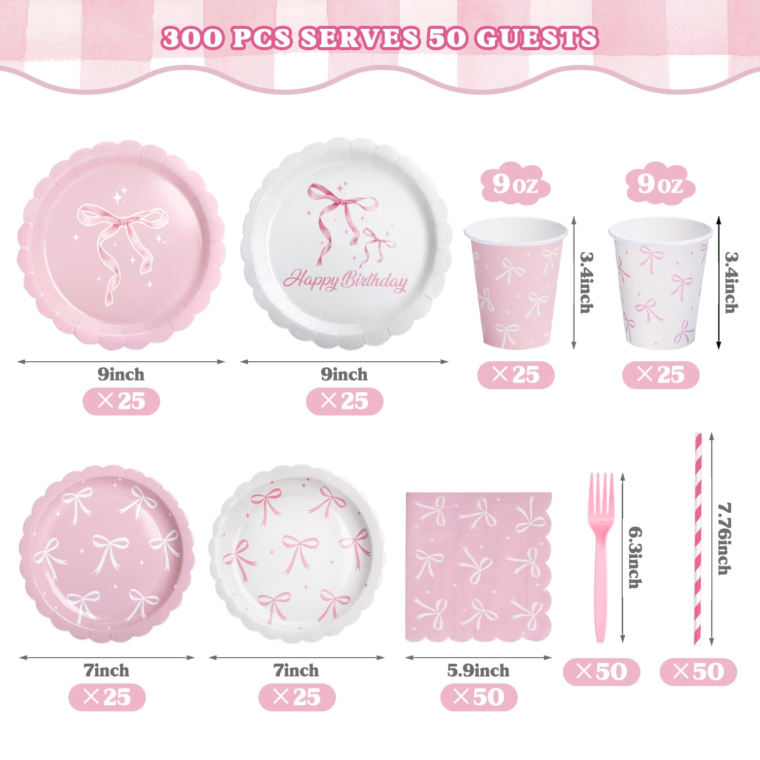 Kinovo pink bow 7-inch plates for kid party setups.