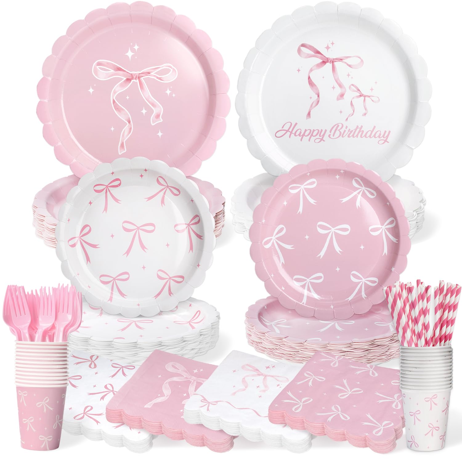 Kinovo pink bow 9-inch plates for elegant birthday table decor.
