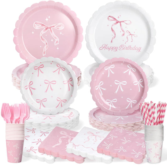 Kinovo pink bow 9-inch plates for elegant birthday table decor.