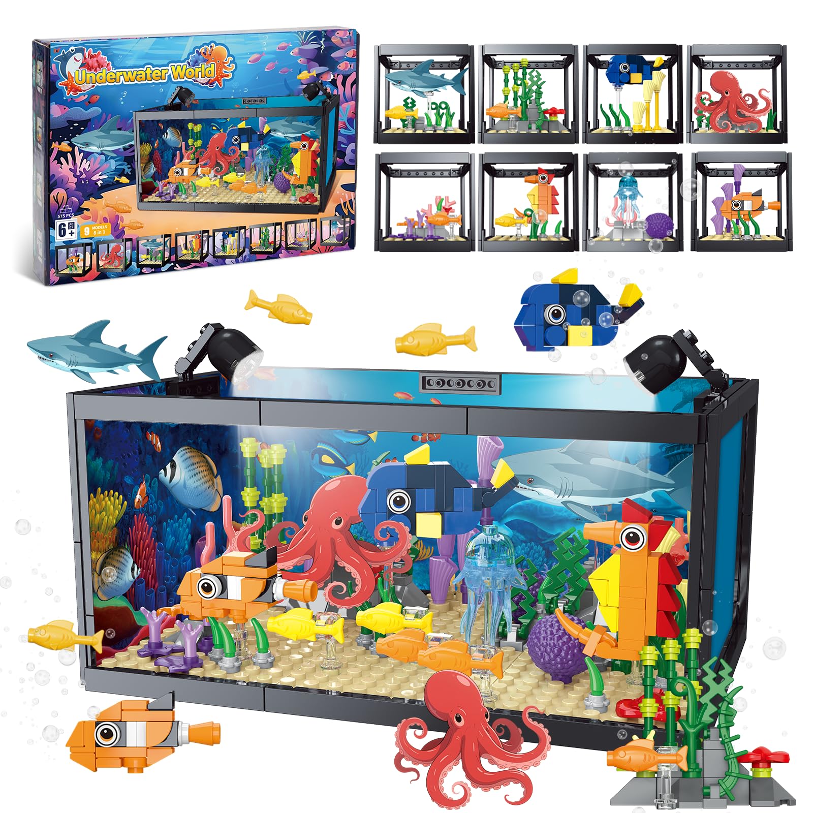 Kiothdre 8-in-1 fish tank assembly with LED lighting for a captivating desk display.