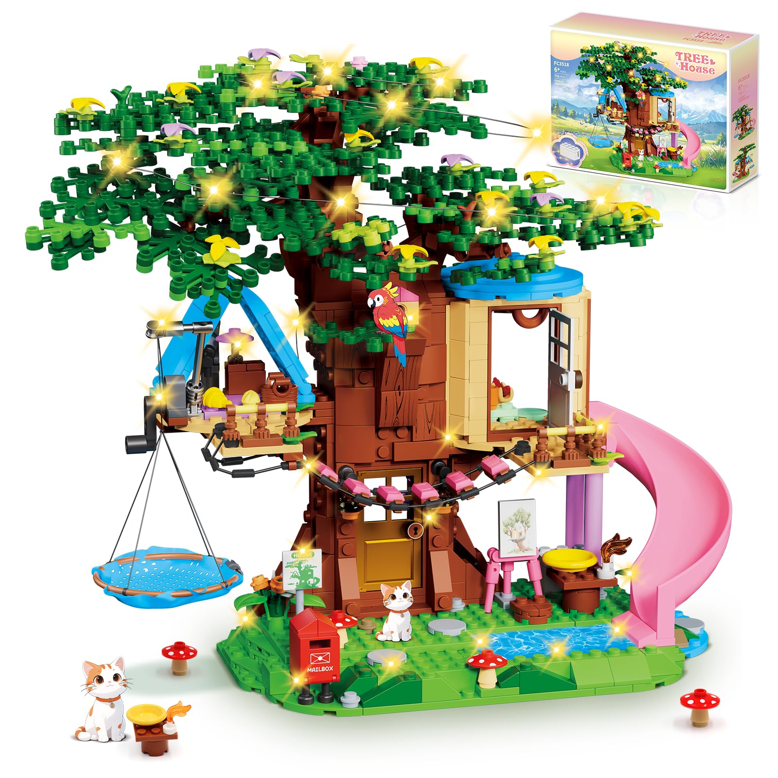 Kiothdre Treehouse Building Set shows a forest backdrop with detailed rooms for imaginative play.