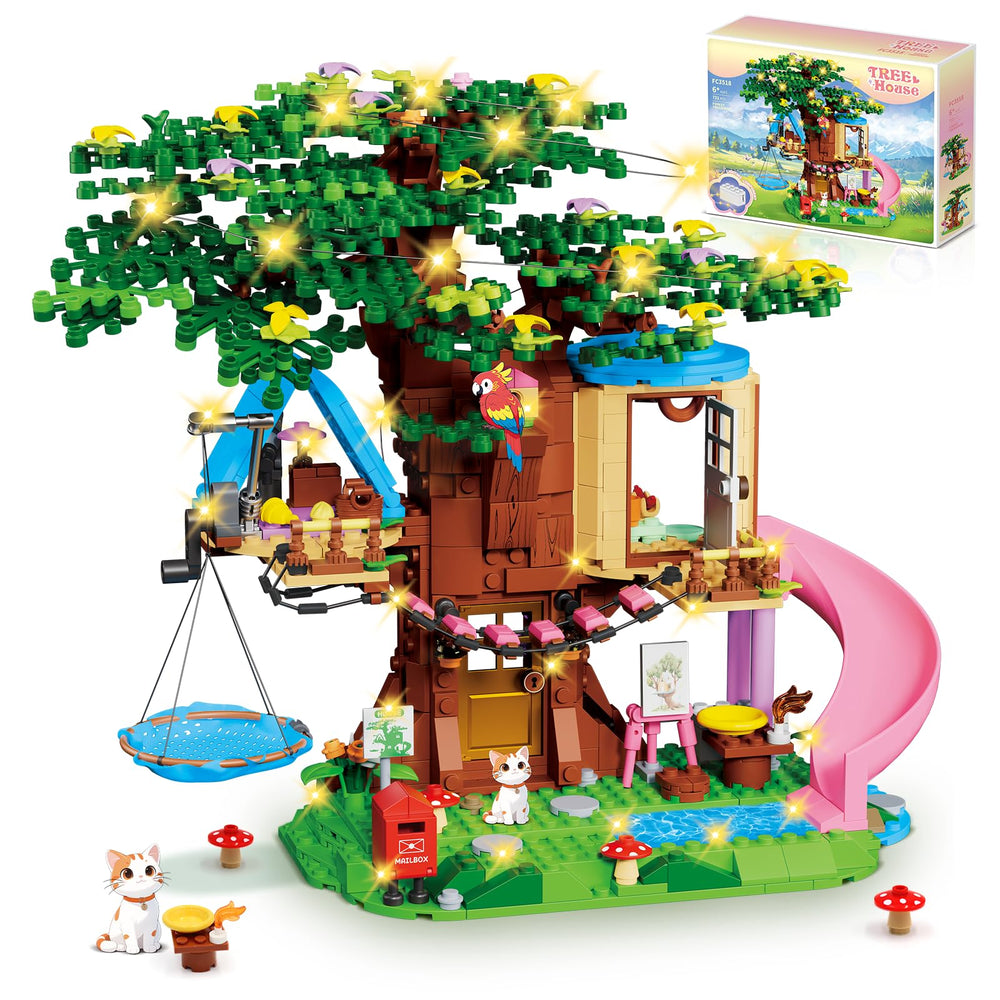 Kiothdre Treehouse Building Set shows a forest backdrop with detailed rooms for imaginative play.