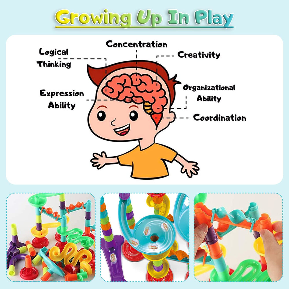 Kipawa Marble Run building blocks support problem-solving and fine motor skills.