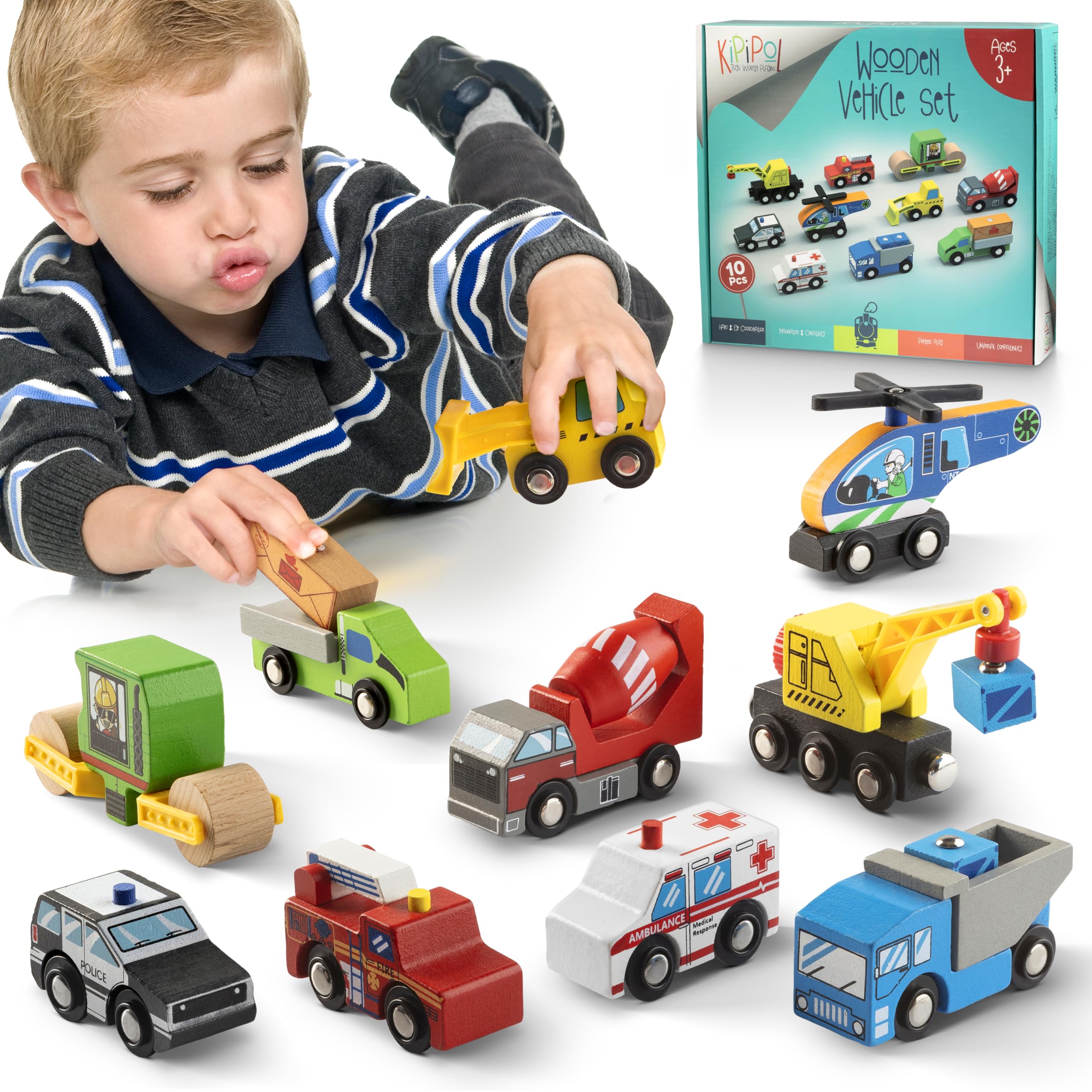 Kipipol helicopter on wooden tracks for imaginative play and travel storage.