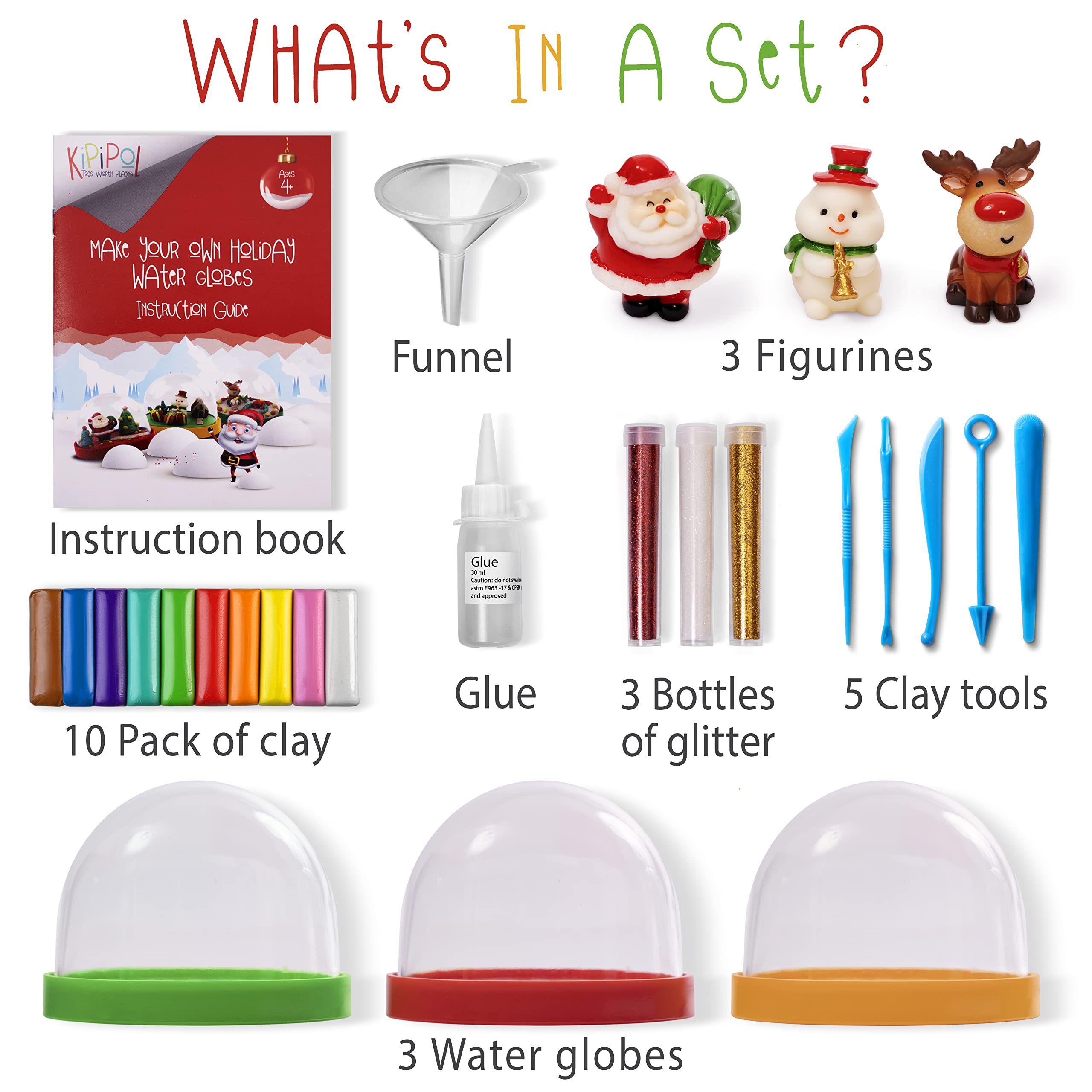 Kipipol snow globe figures include a snowman, Santa, and deer for festive scene crafting.
