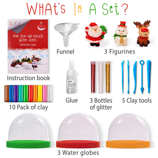 Kipipol snow globe figures include a snowman, Santa, and deer for festive scene crafting.