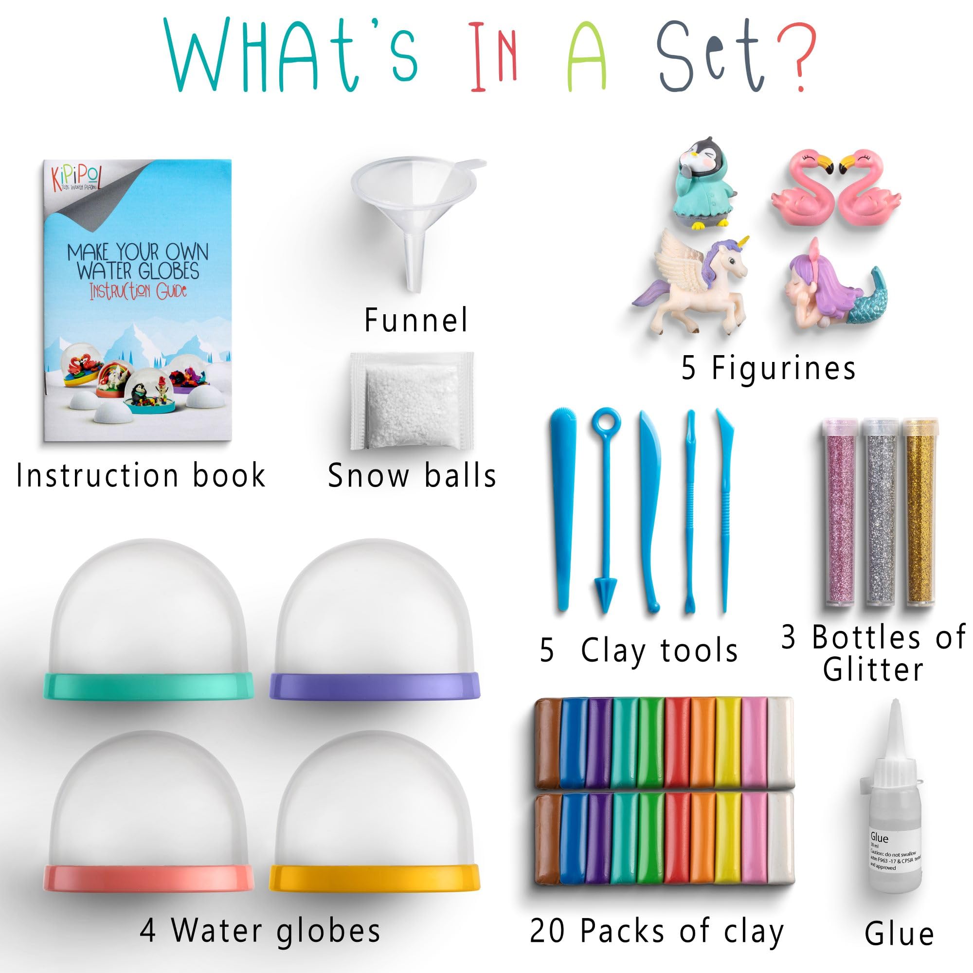 Kipipol snow globe kit contents arranged for quick start.