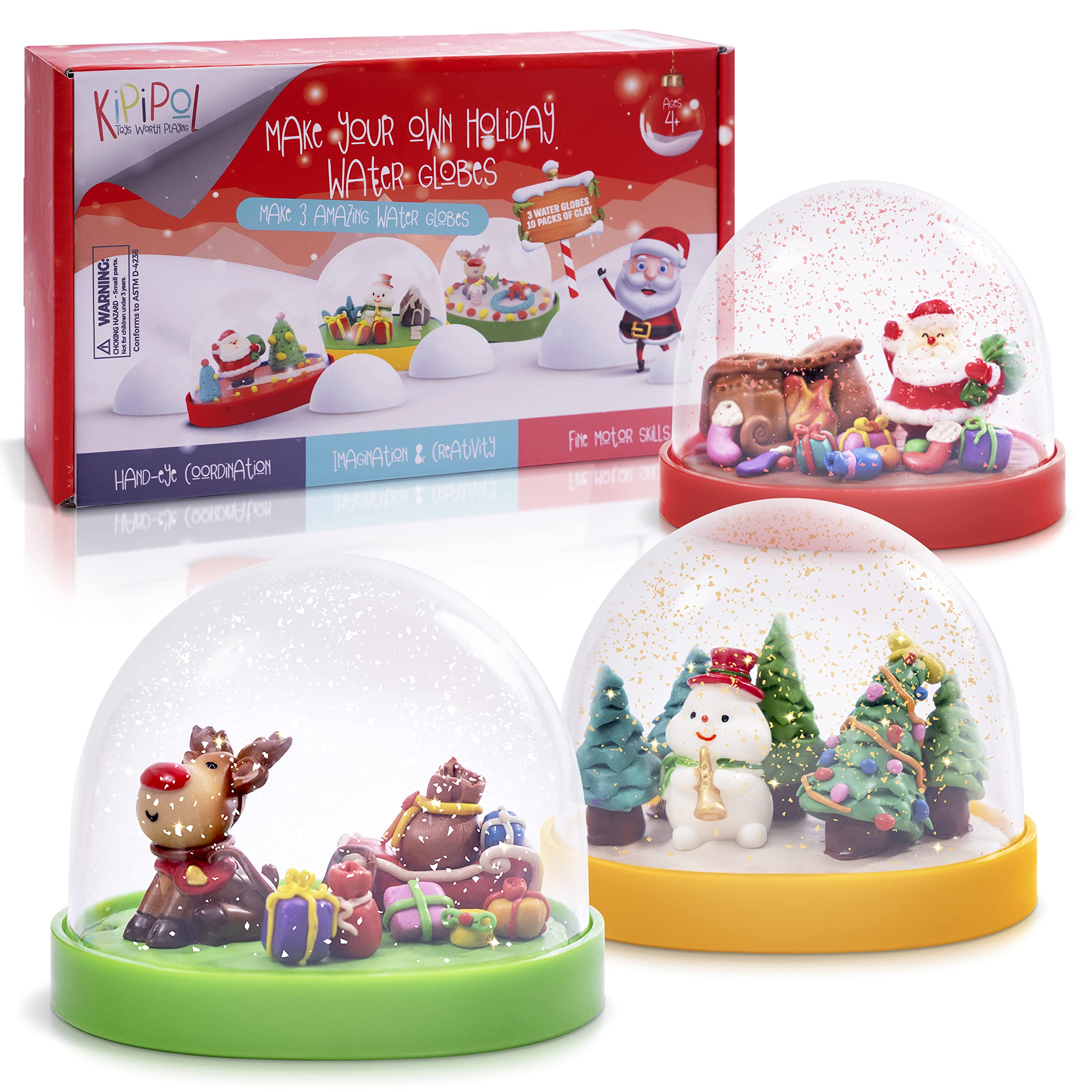 Kipipol water globe kit packaging showcases everything you need to make 3 holiday scenes.