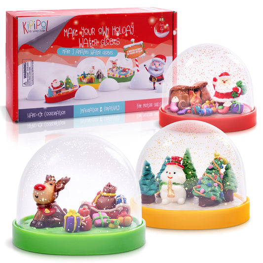 Kipipol water globe kit packaging showcases everything you need to make 3 holiday scenes.