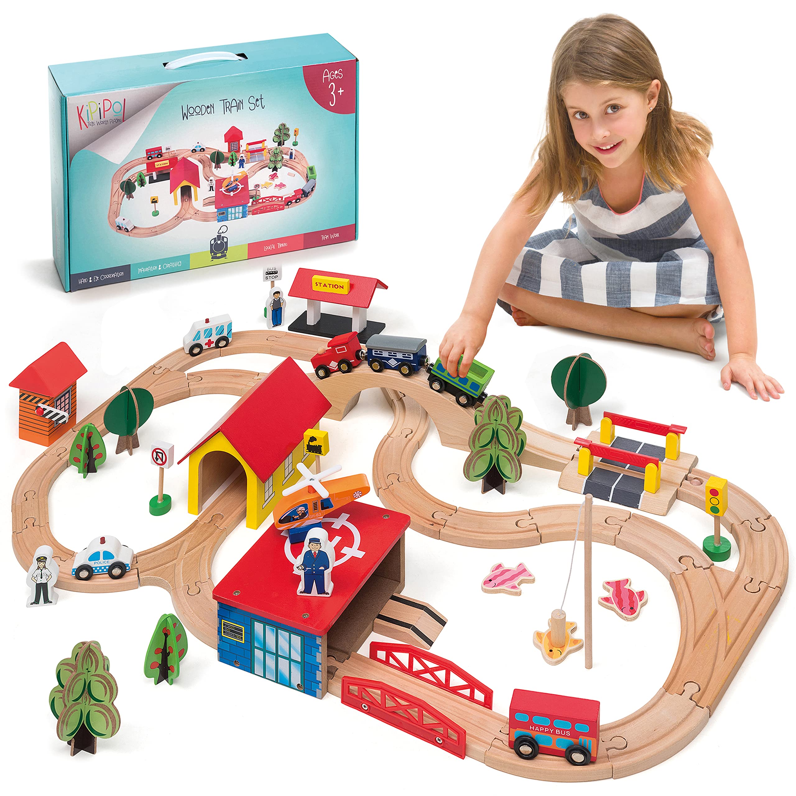 KipiPol wooden train set 69-piece collection promotes creative play and fine motor skills