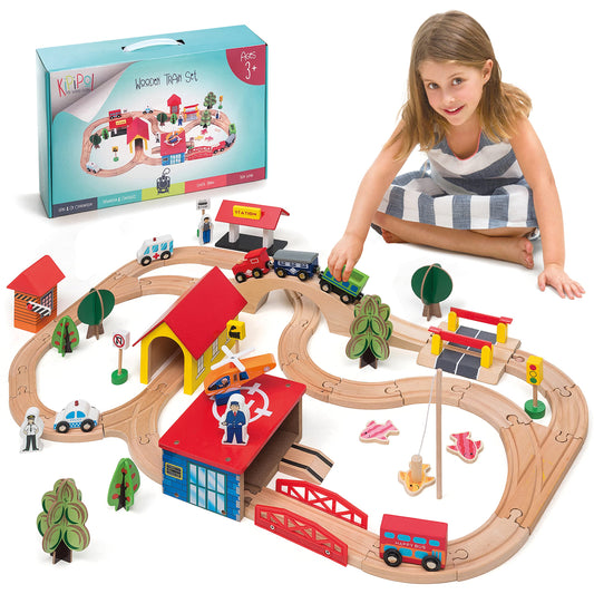 KipiPol wooden train set 69-piece collection promotes creative play and fine motor skills