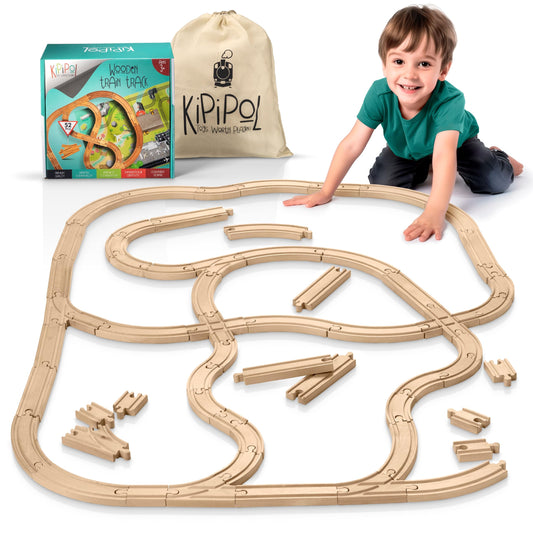 Kipipol wooden train tracks set with 52 pieces for versatile layouts and imaginative play.