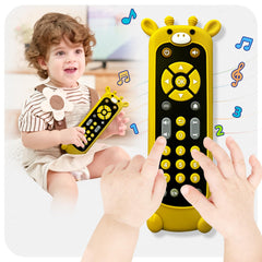 KIRALUMI baby remote with giraffes silicone cover supports teething relief and playful design.