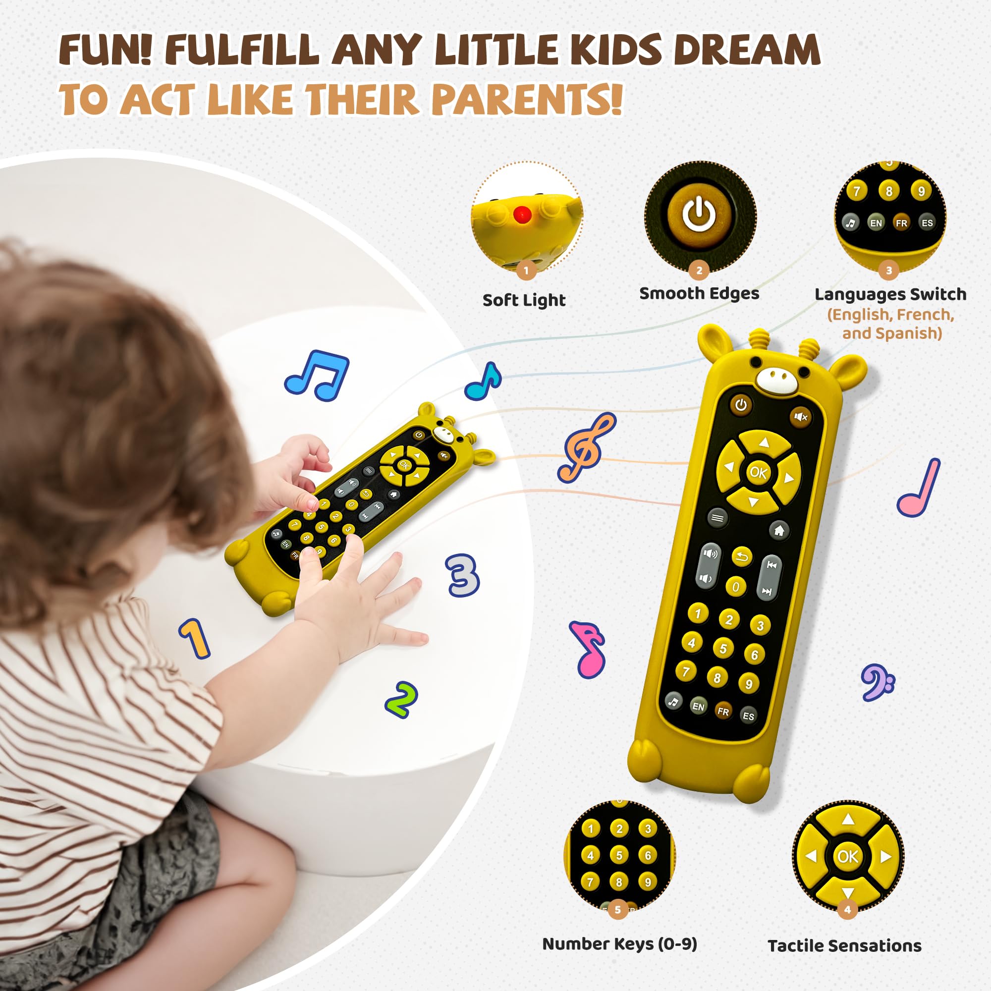 KIRALUMI remote buttons emphasize learning shapes, colors, and numbers during play.