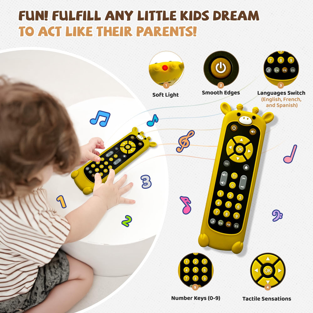 KIRALUMI remote buttons emphasize learning shapes, colors, and numbers during play.