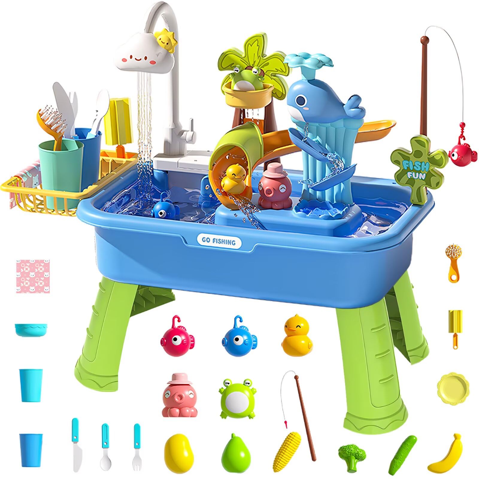 Kirntcoy Water Table for Toddlers blue side view supports sensory play and pretend washing.